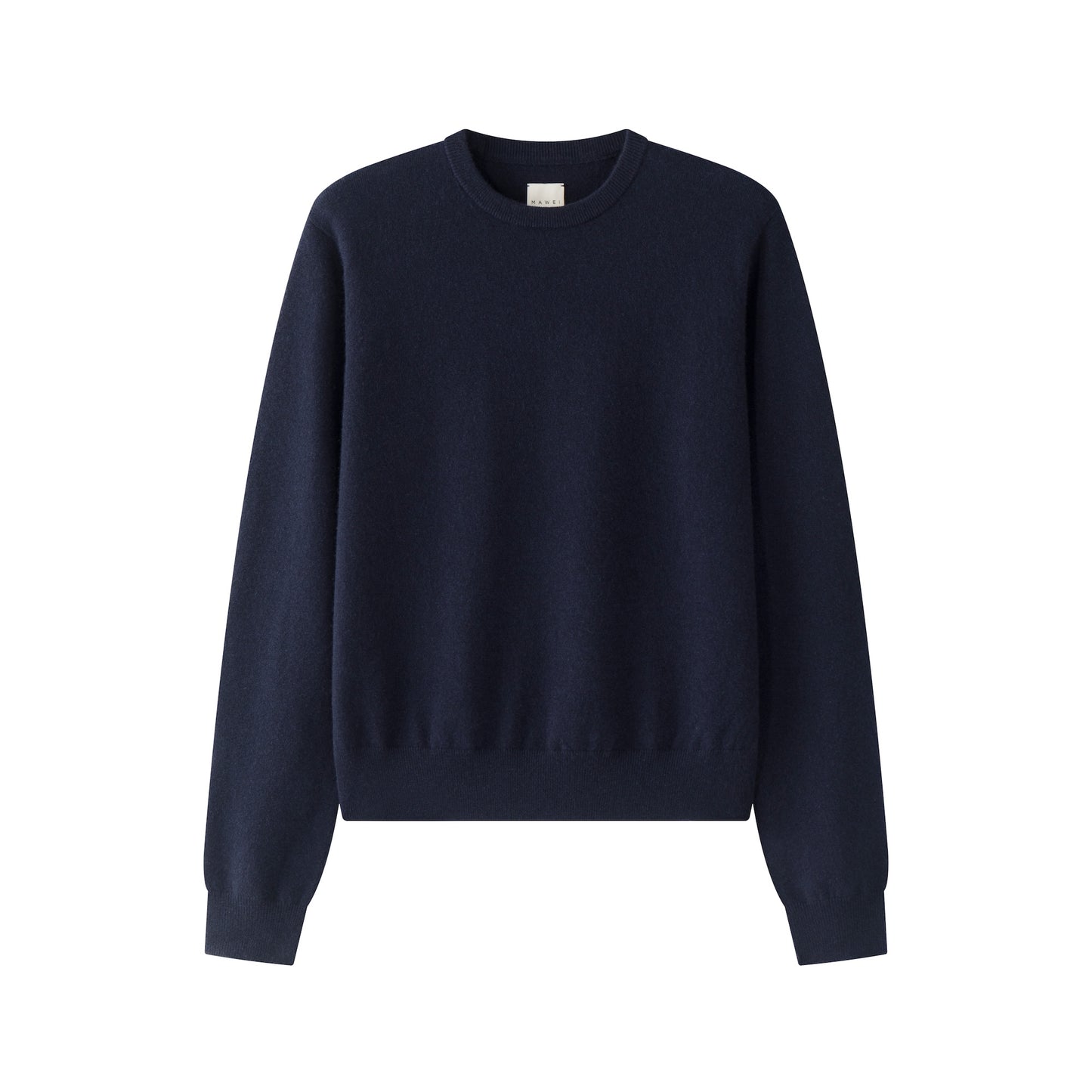 MA22 Cashmere Crewneck Sweater by Mawei, navy blue, flat lay, front view.