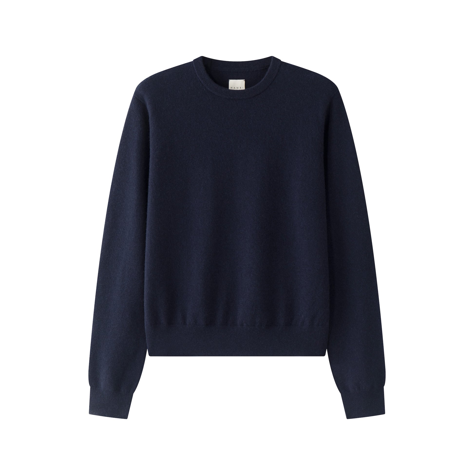 MA22 Cashmere Crewneck Sweater by Mawei, navy blue, flat lay, front view.