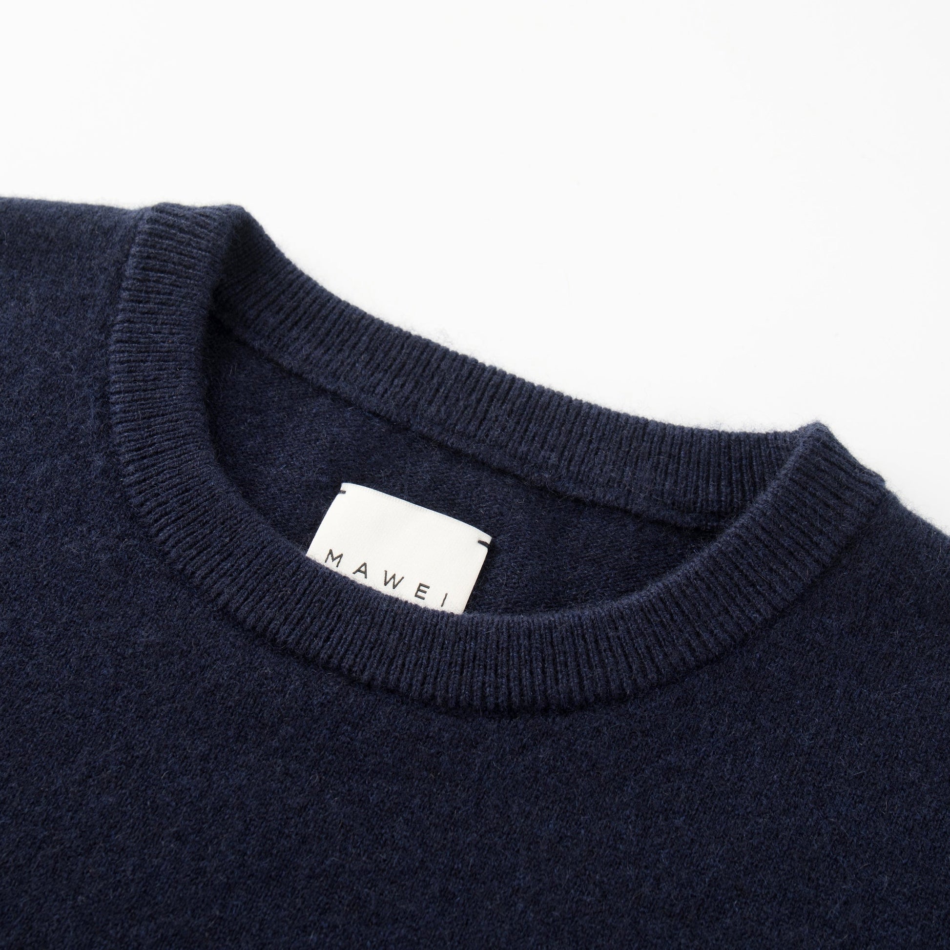 MA22 Cashmere Crewneck Sweater by Mawei, navy blue, neck detail close-up.