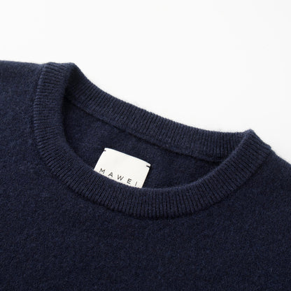 MA22 Cashmere Crewneck Sweater by Mawei, navy blue, neck detail close-up.