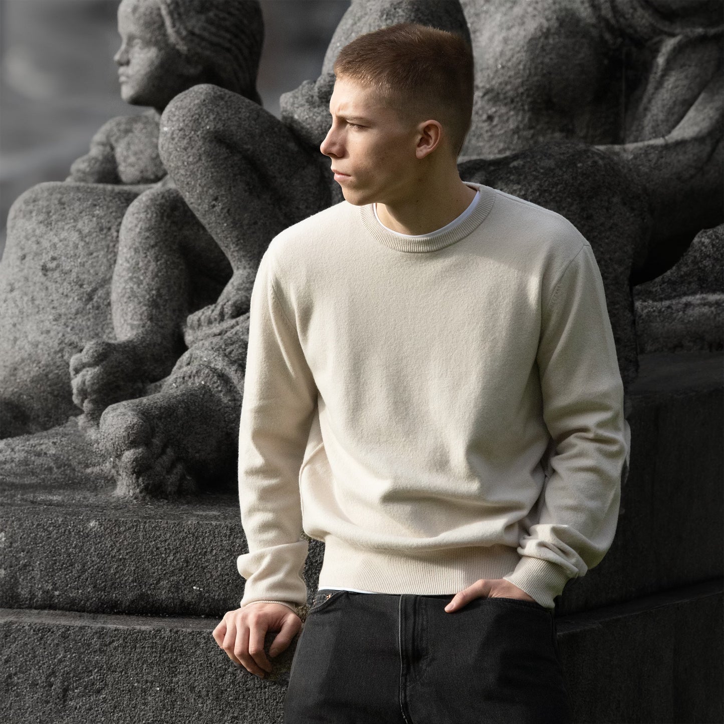 MA22 Cashmere Crewneck Sweater by Mawei, off white, front view, male model.