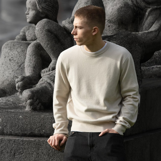 MA22 Cashmere Crewneck Sweater by Mawei, off white, front view, male model.