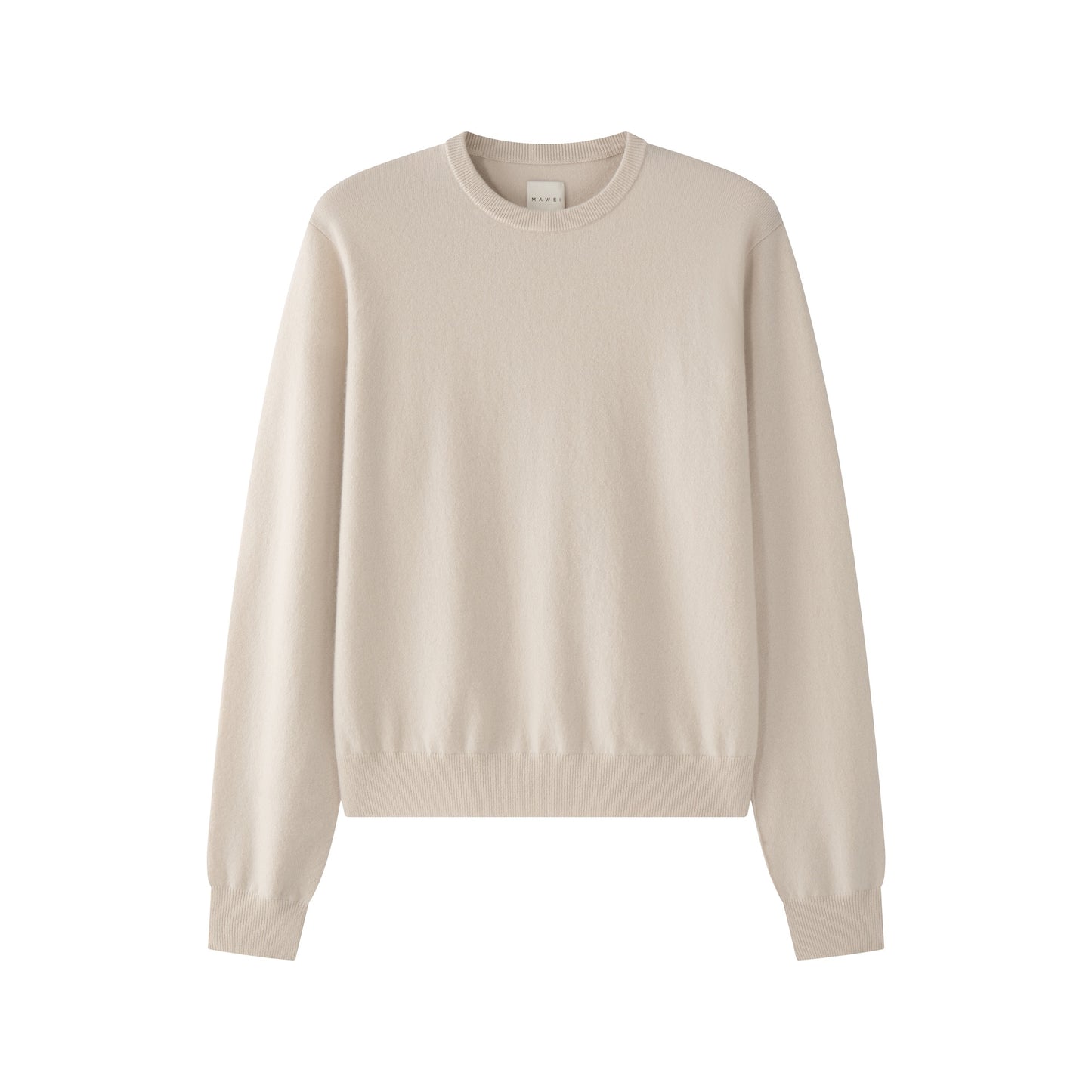 MA22 Cashmere Crewneck Sweater by Mawei, off white, flat lay, front view.