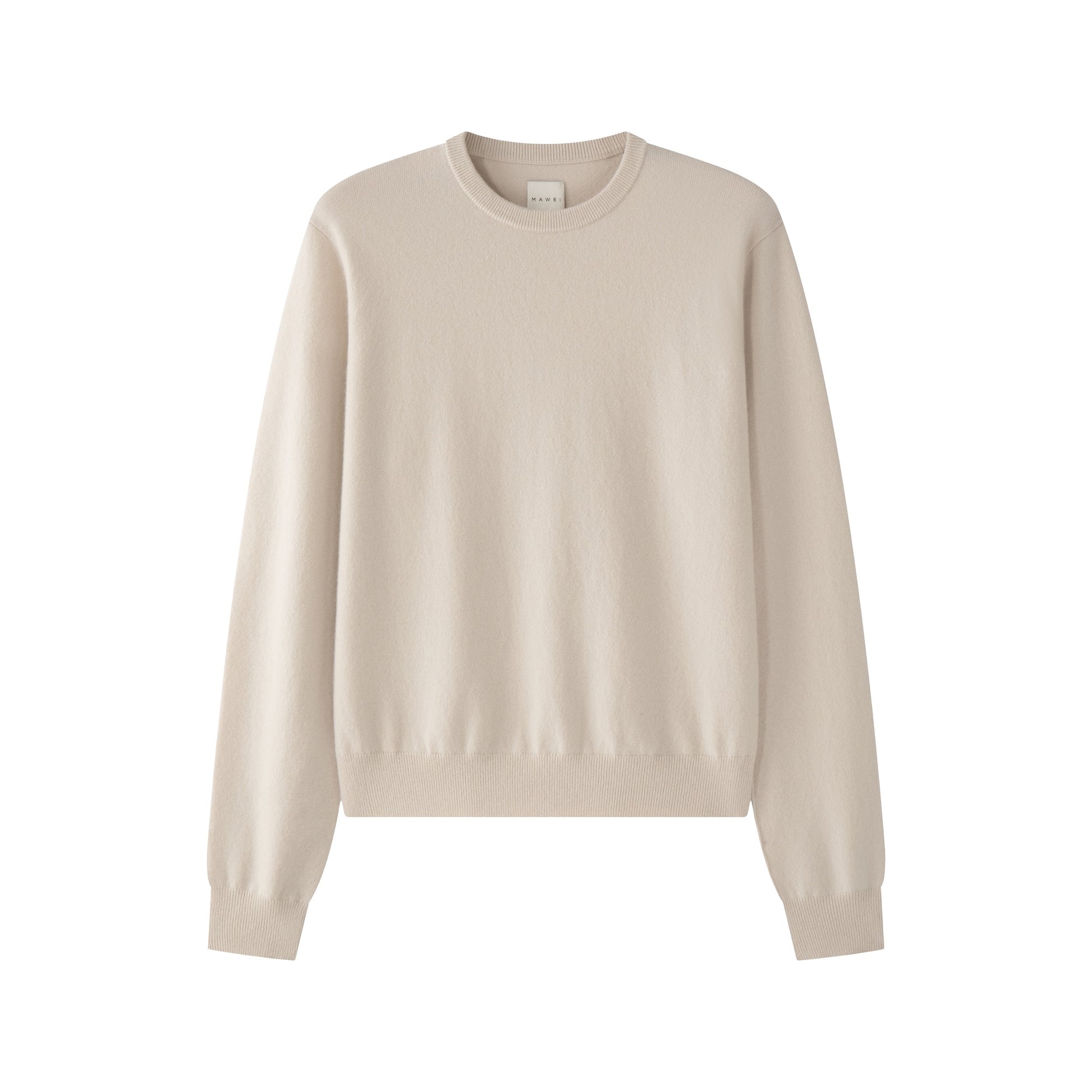 MA22 Cashmere Crewneck Sweater by Mawei, off white, flat lay, front view.