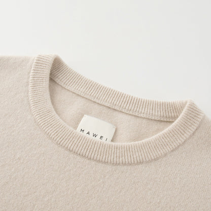 MA22 Cashmere Crewneck Sweater by Mawei, off white, neck detail close-up.