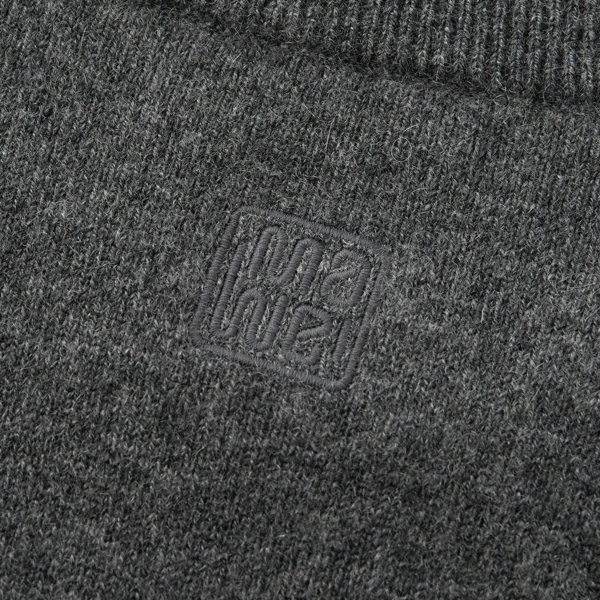 MA22 Cashmere Crewneck Sweater by Mawei, grey, fabric and embroidery detail close-up, back view.