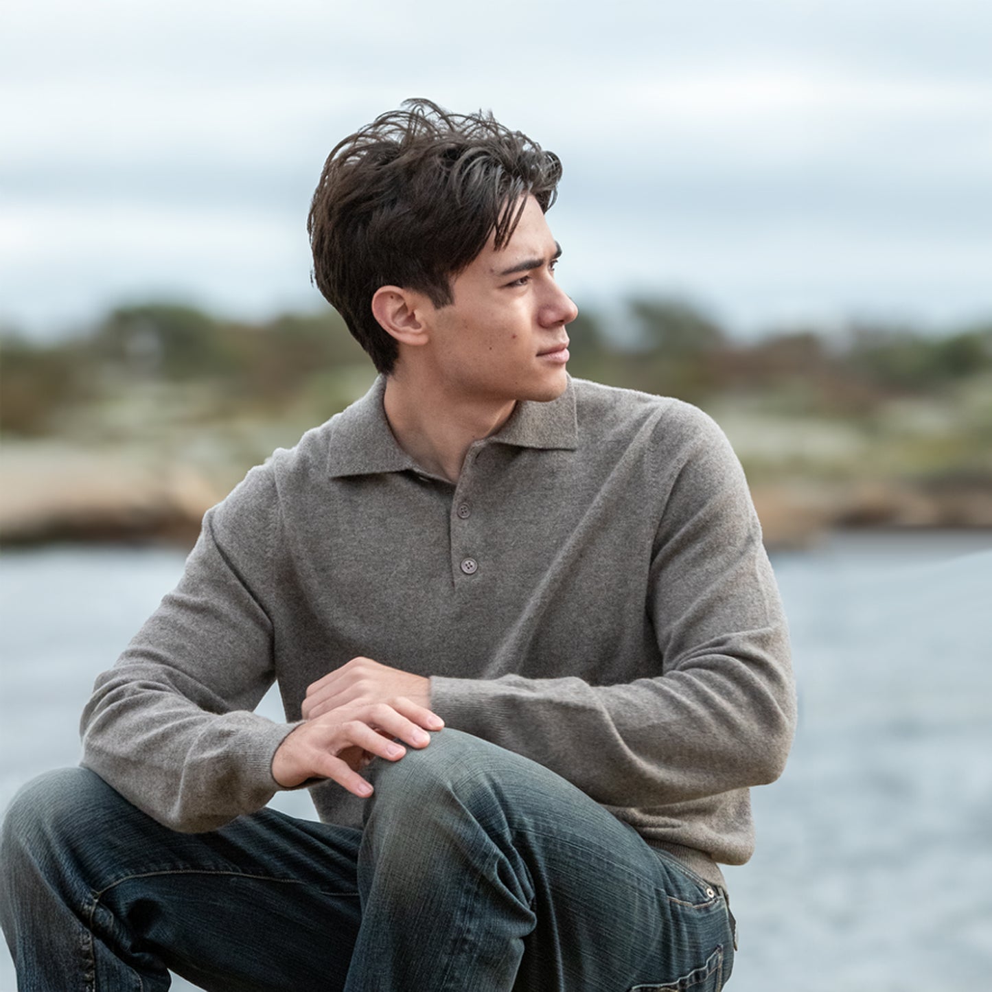 MA25 Cashmere Polo Sweater by Mawei, grey-brown, front view, male model.