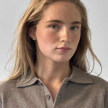 MA25 Cashmere Polo Sweater by Mawei, grey-brown, front view, female model.