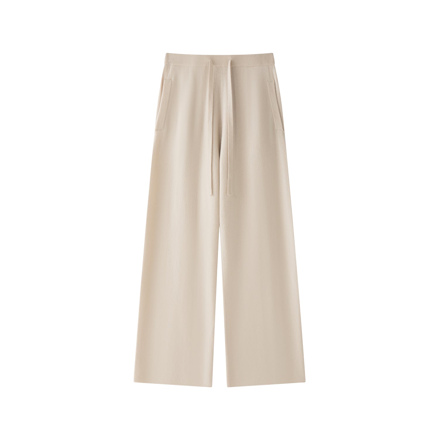 MA44 Cashmere Trousers with pockets by Mawei, string, pockets, off white, white, flat lay, front view, close-up.