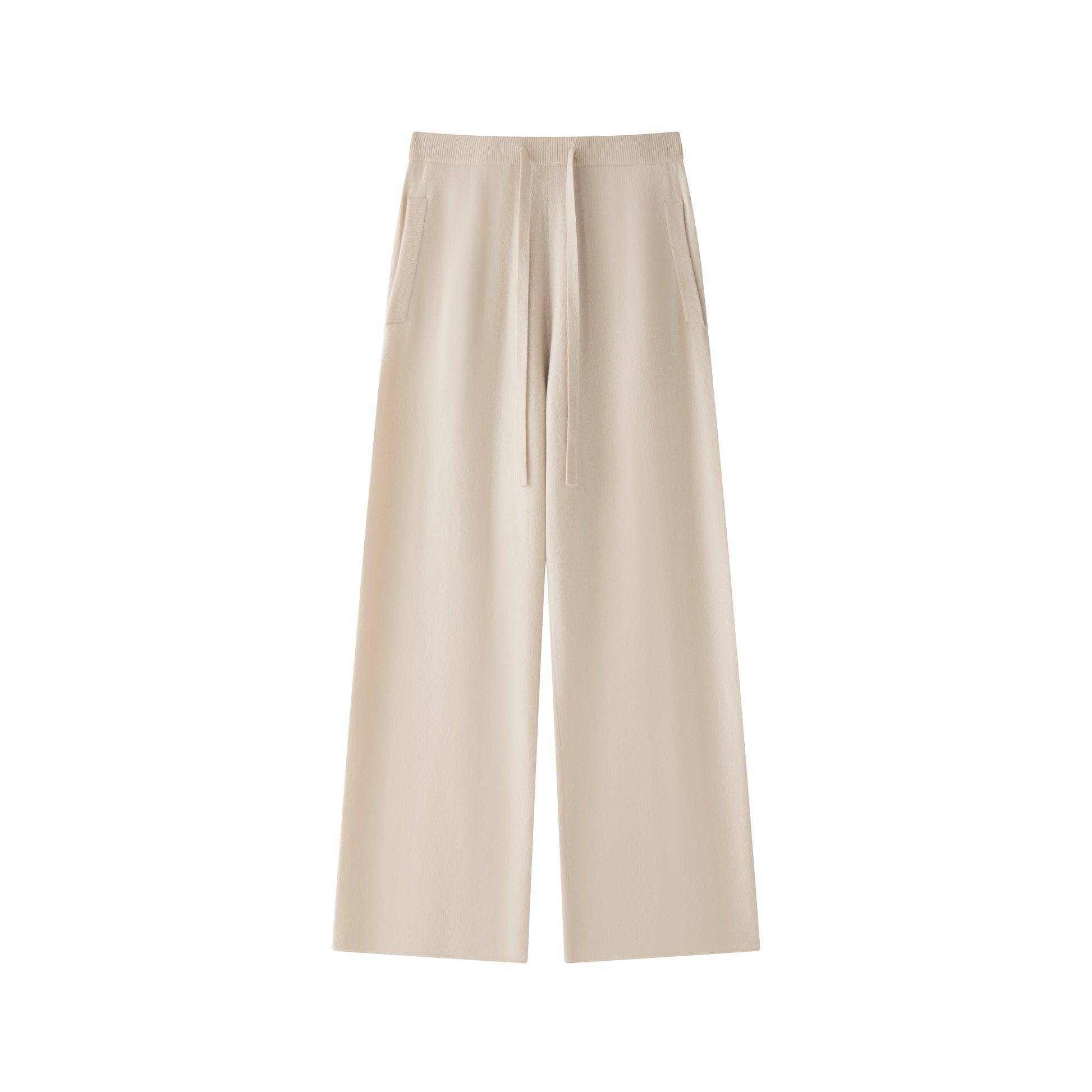 MA44 Cashmere Trousers with pockets by Mawei, string, pockets, off white, white, flat lay, front view, close-up.