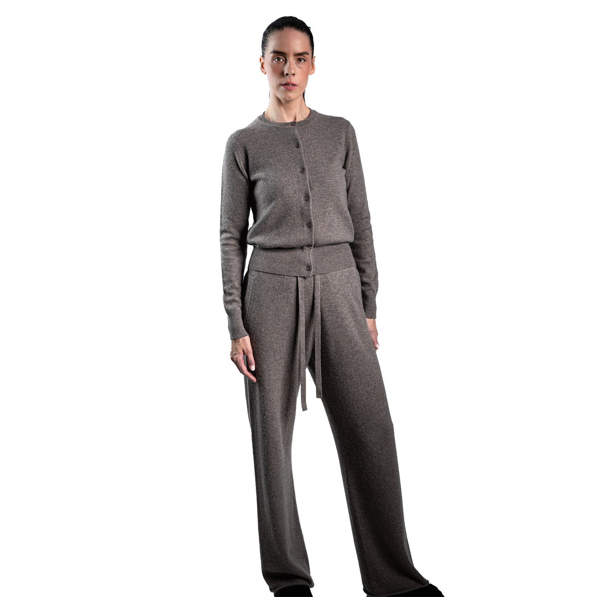 MA44 Cashmere Trousers with pockets by Mawei, brown grey, front view, female model.