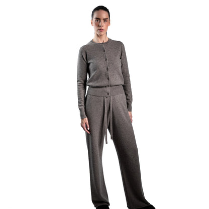 MA44 Cashmere Trousers with pockets by Mawei, brown grey, front view, female model.