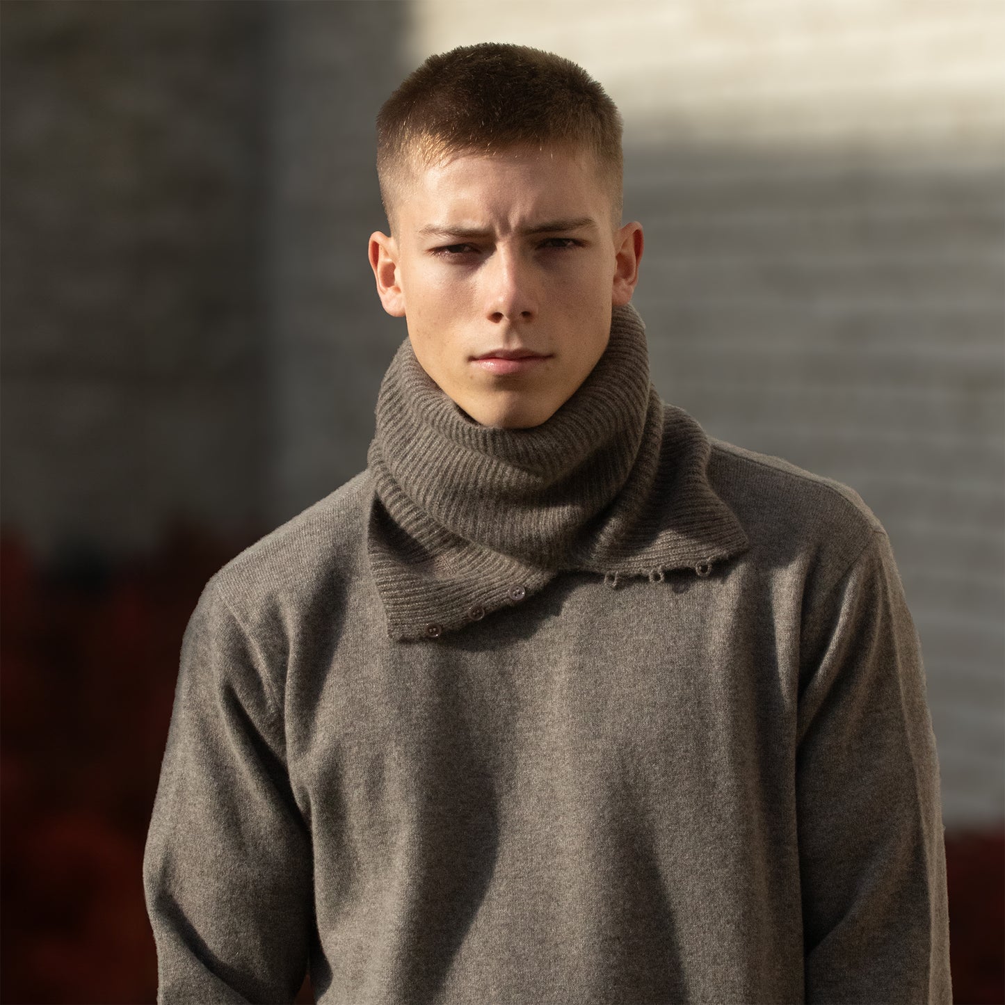 MA61 Cashmere Buff with Buttons by Mawei, grey brown, front view, male model.