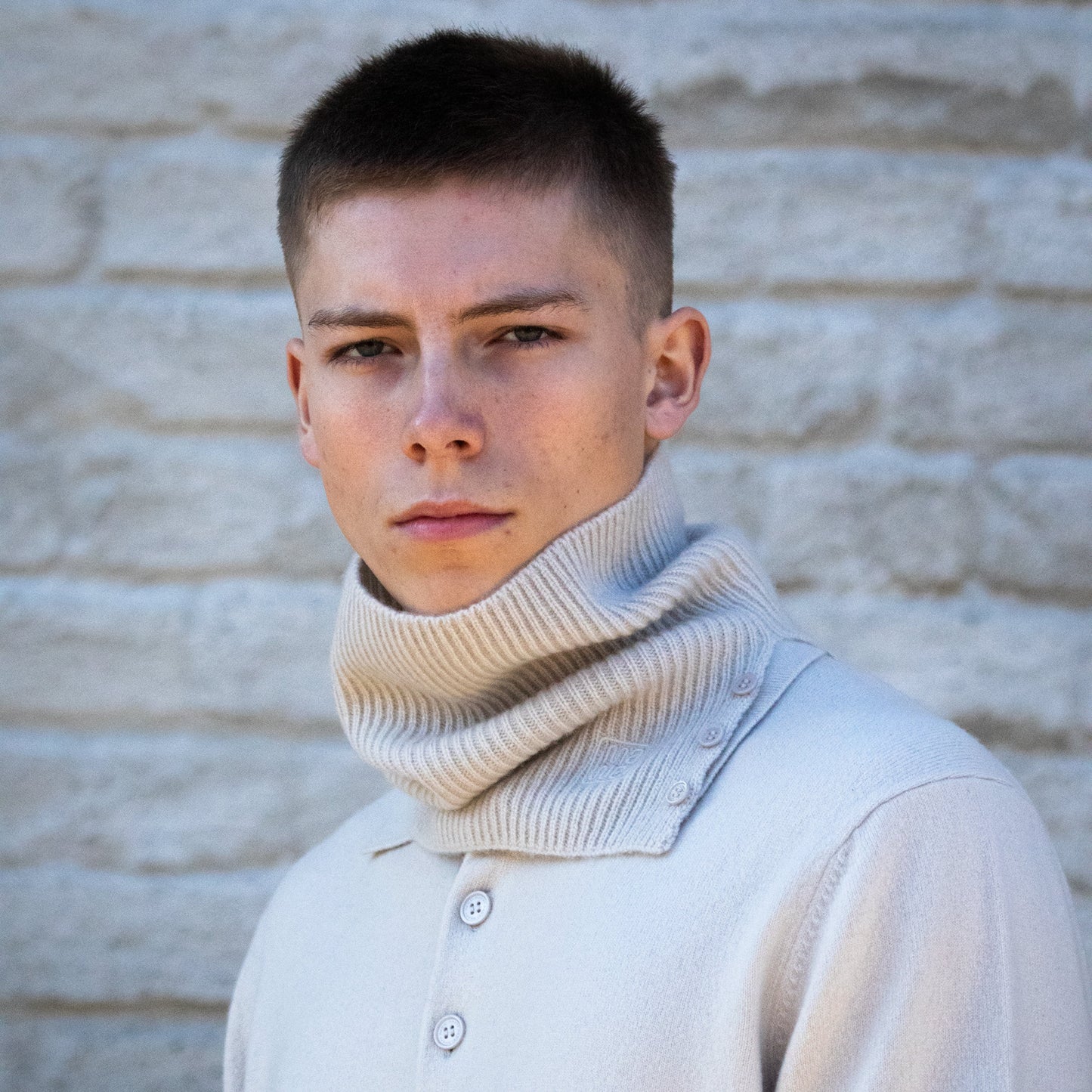 MA61 Cashmere Buff with Buttons by Mawei,  MA25 Cashmere Polo Sweater, off white, front view, male model.