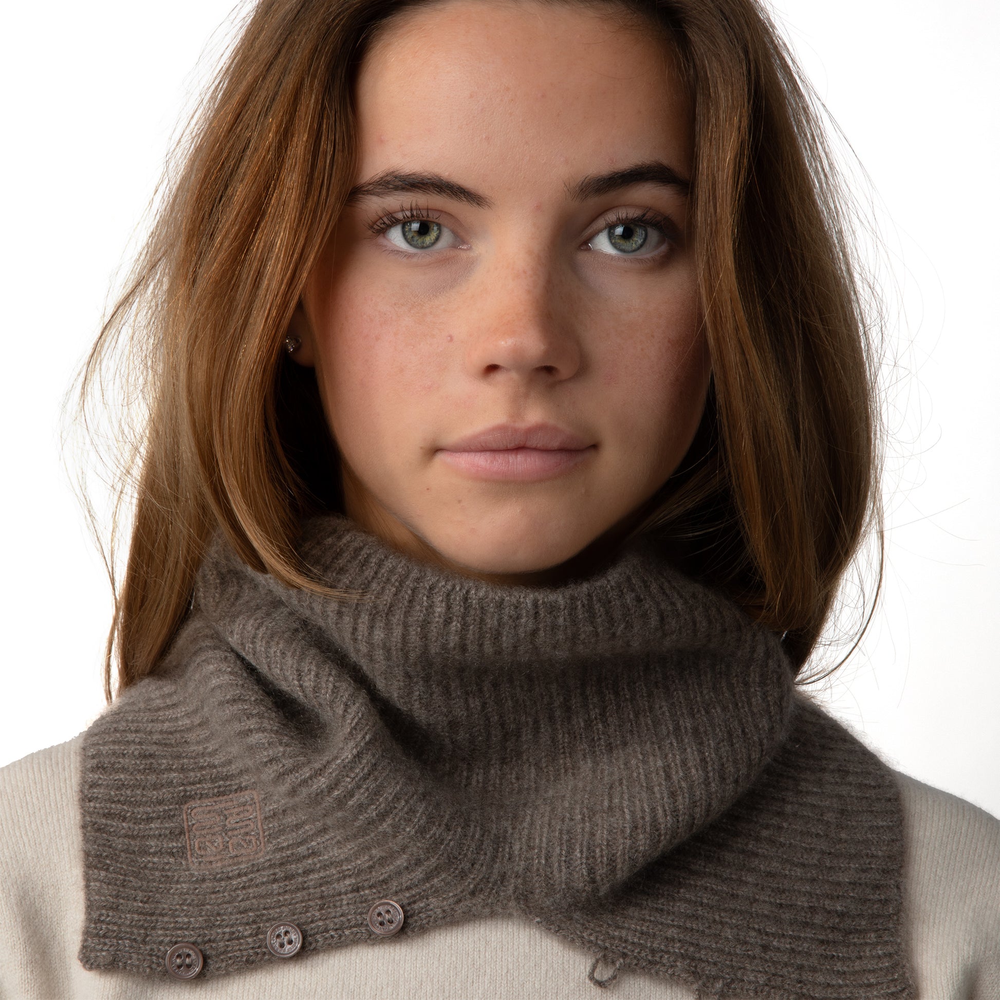 MA61 Cashmere Buff with Buttons by Mawei, grey brown, front view, female model.