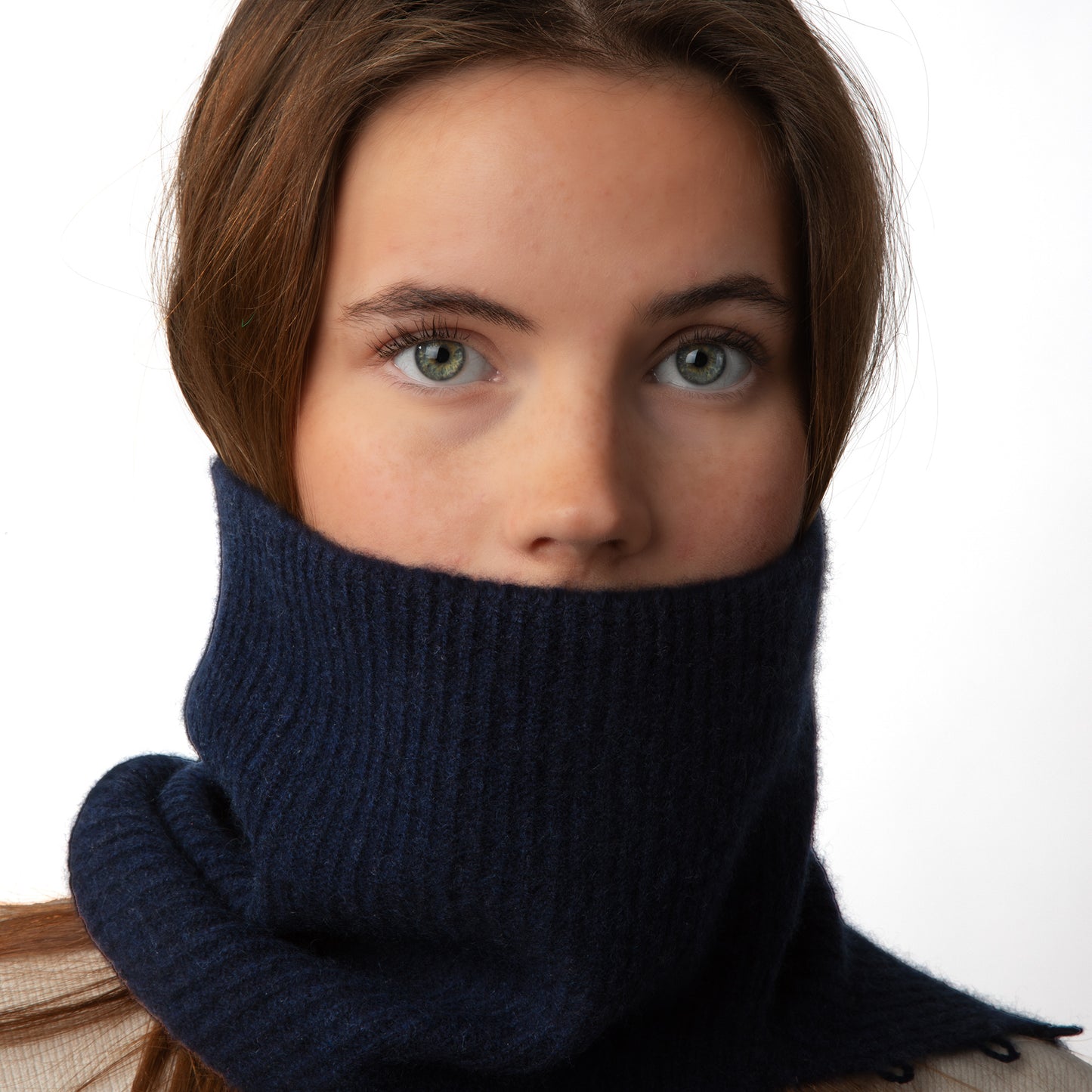 MA61 Cashmere Buff with Buttons by Mawei, navy blue, front view, female model.