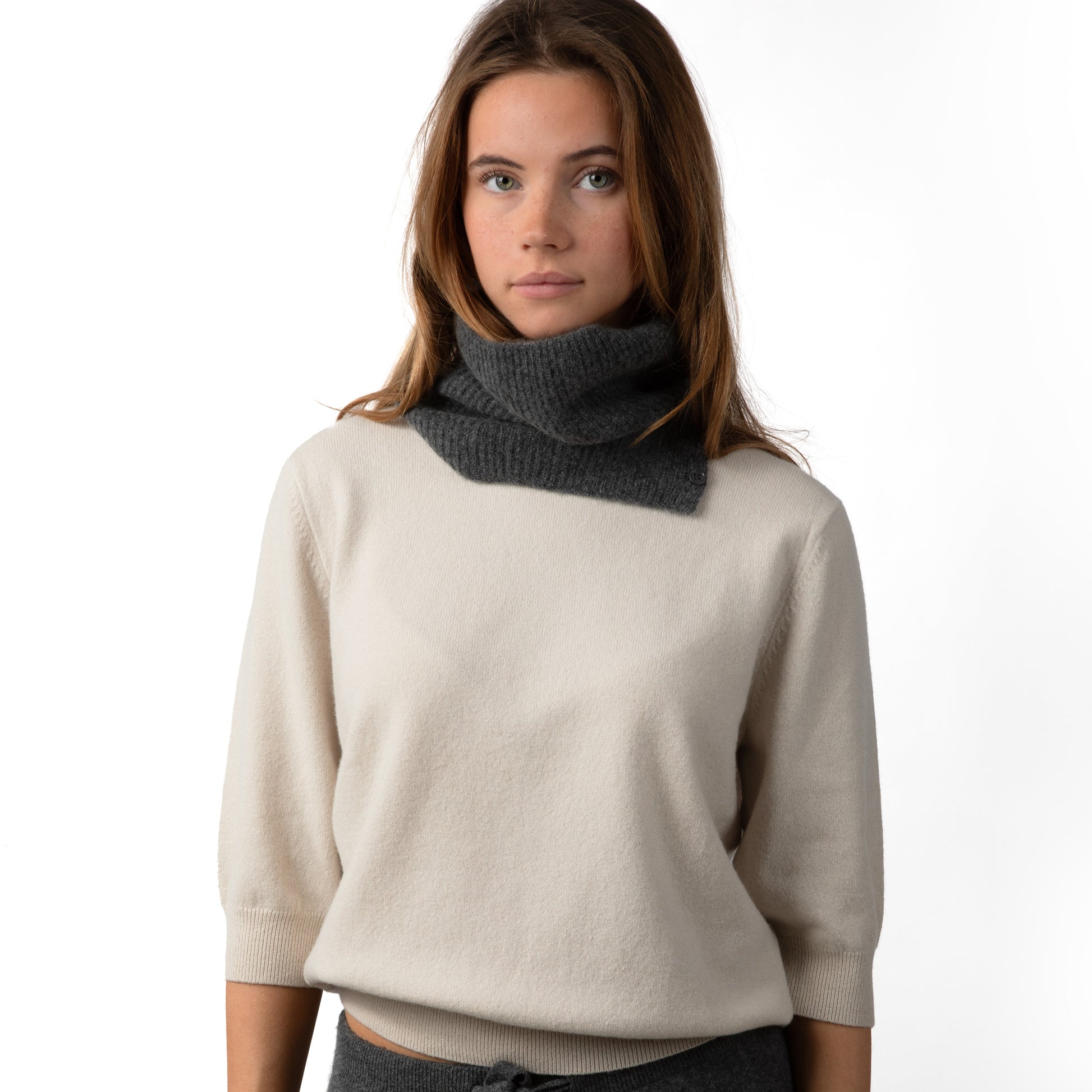 MA61 Cashmere Buff with Buttons by Mawei, grey, front view, female model.