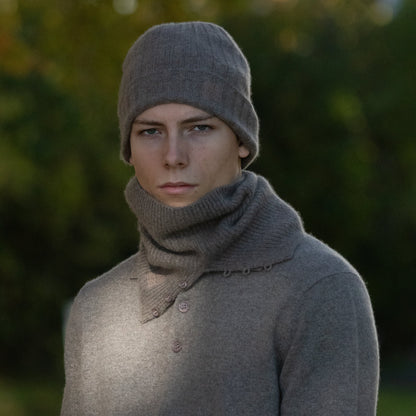 MA71 Cashmere Beanie by Mawei, grey-brown, MA61 Cashmere Buff, front view, male model.