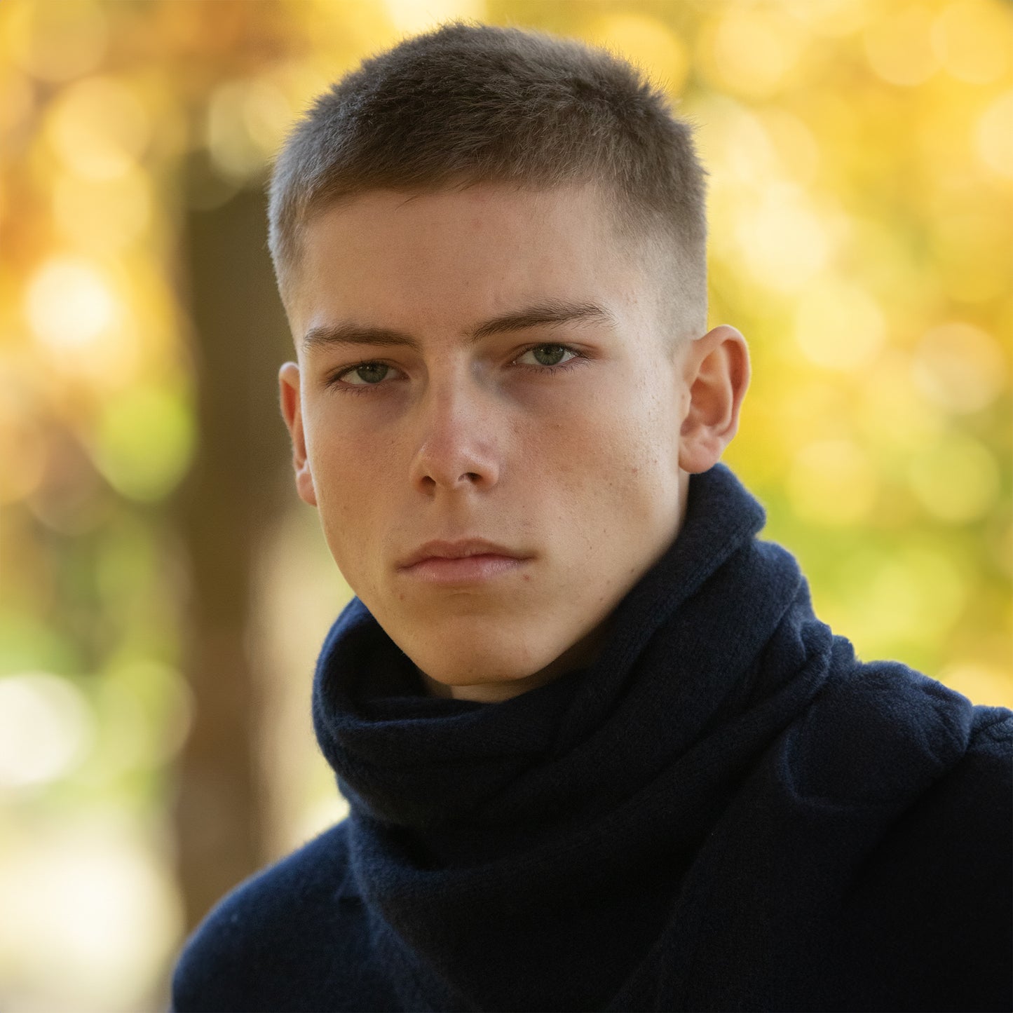 MA81 Cashmere Triangular Scarf by Mawei, navy blue, front view, male model.