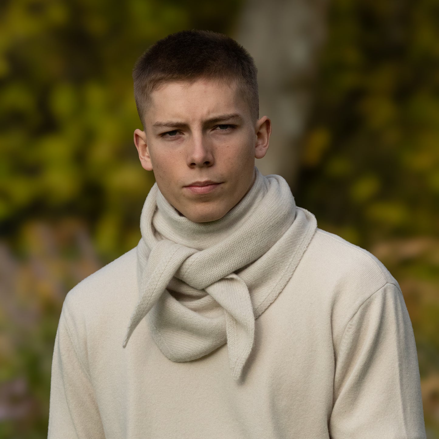 MA81 Cashmere Triangular Scarf by Mawei, off white, front view, male model.