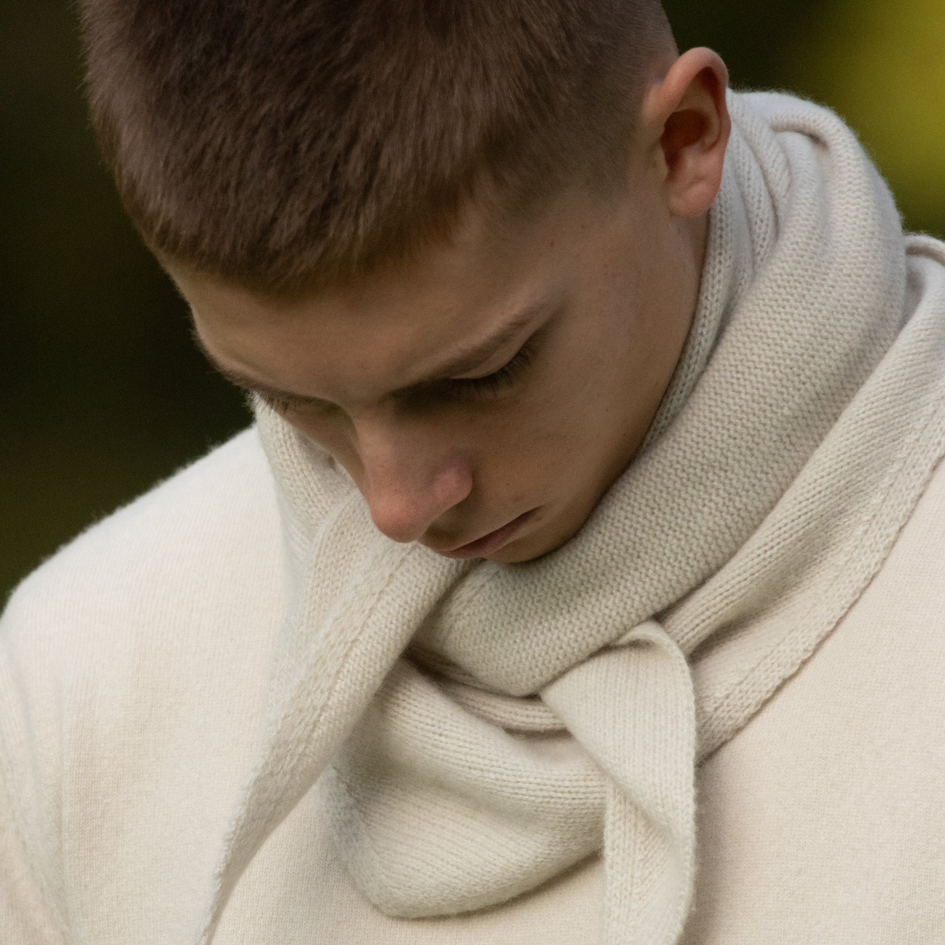 MA81 Cashmere Triangular Scarf by Mawei, off white, front view, male model.