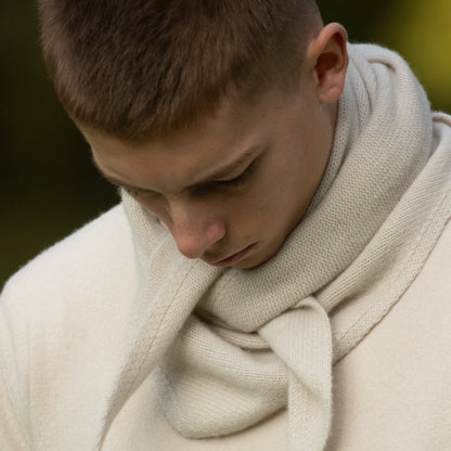 MA81 Cashmere Triangular Scarf by Mawei, off white, front view, male model.