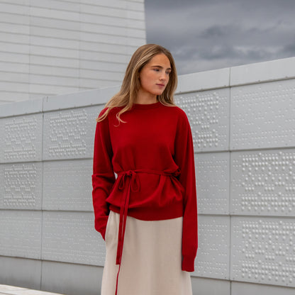 MA91 Cashmere Ribbon by Mawei, belt, red, MA22 Cashmere Crewneck Sweater, red , front view, female model.