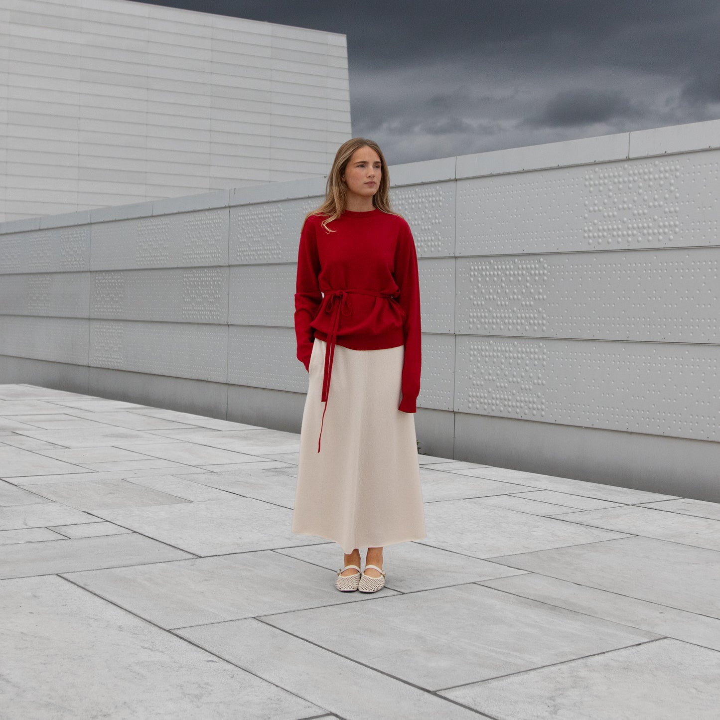 MA91 Cashmere Ribbon by Mawei, red, belt, MA22 Cashmere Crewneck Sweater, red , front view, female model.