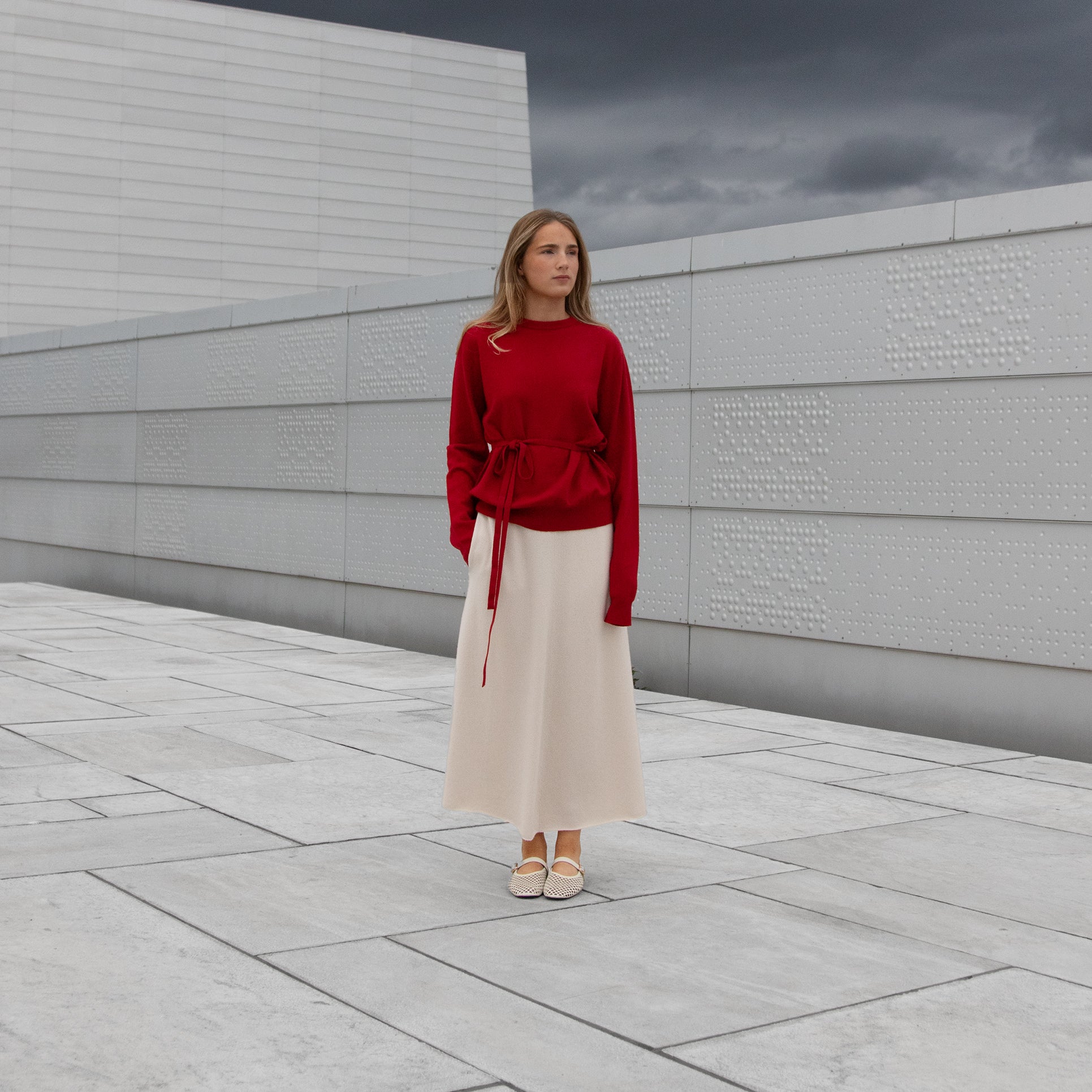 MA91 Cashmere Ribbon by Mawei, red, belt, MA22 Cashmere Crewneck Sweater, red , front view, female model.