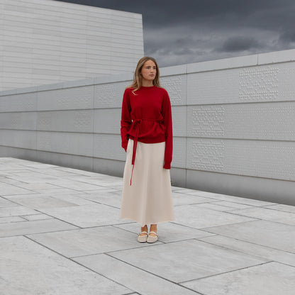 MA91 Cashmere Ribbon by Mawei, red, belt, MA22 Cashmere Crewneck Sweater, red , front view, female model.