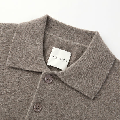MA25 Cashmere Polo Sweater by Mawei, grey-brown, fabric texture, buttons, collar details close-up.