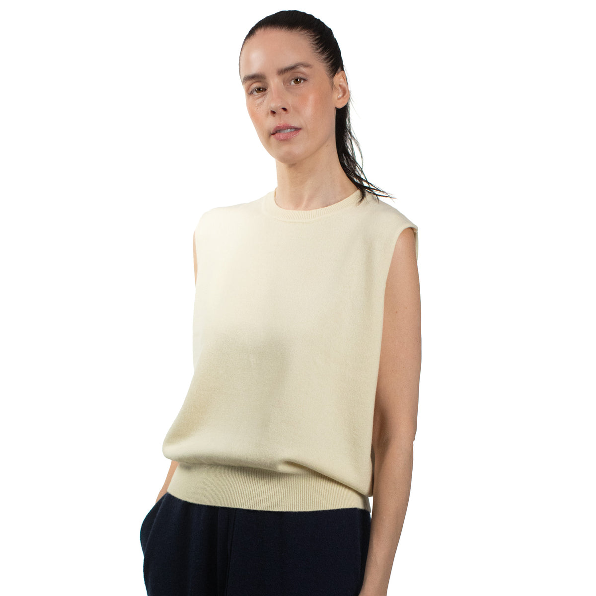 MA01 Cashmere Sleeveless Crewneck Sweater by Mawei, yellow cream, female model, front view