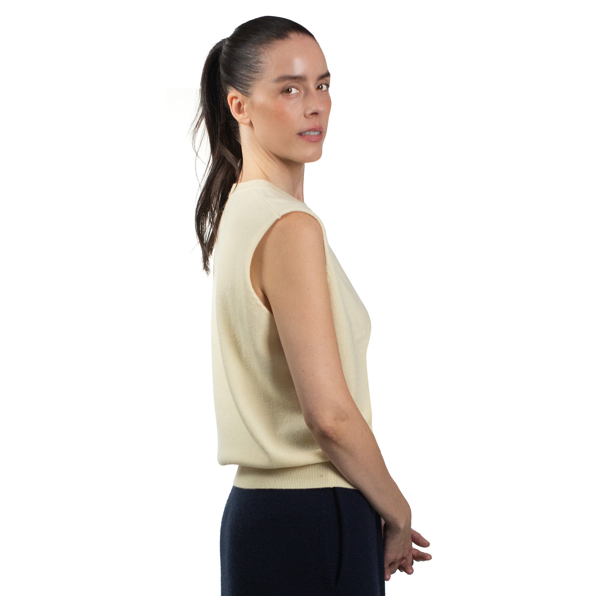 MA01 Cashmere Sleeveless Crewneck Sweater by Mawei, yellow cream, female model, side view