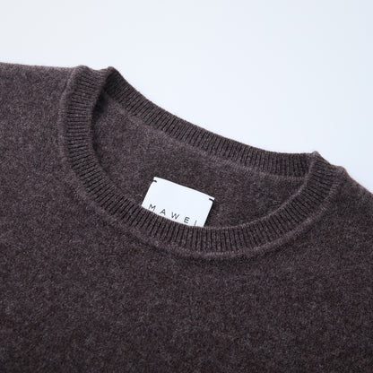 MA03 Cashmere Short Sleeve Crewneck Sweater by Mawei, brown, neck details close-up.