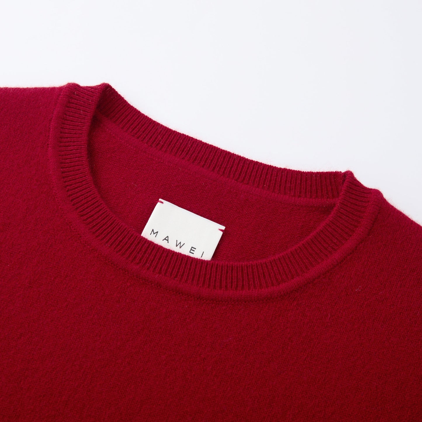 MA03 Cashmere Short Sleeve Crewneck Sweater by Mawei, red, neck rib detail close-up.