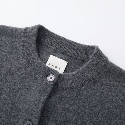 MA06 Cashmere Crewneck Cardigan by Mawei, grey,  neck, rib, button details close-up.