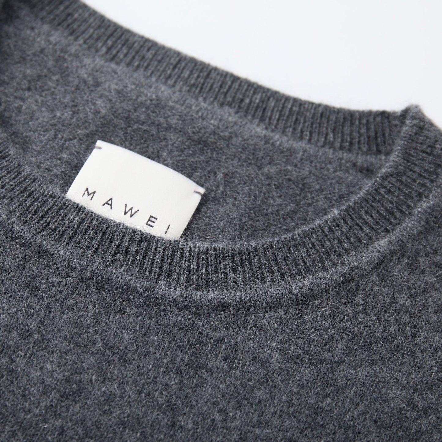 MA03 Cashmere Short Sleeve Crewneck Sweater by Mawei, grey, neck rib detail close-up.