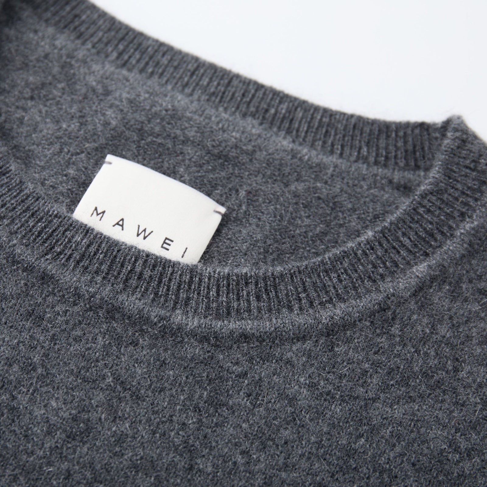 MA03 Cashmere Short Sleeve Crewneck Sweater by Mawei, grey, neck rib detail close-up.