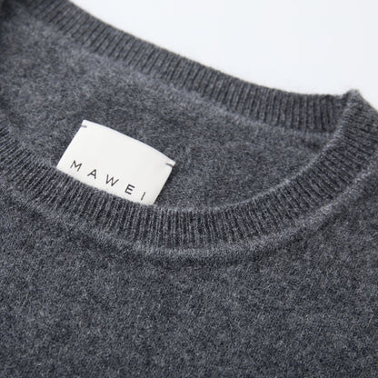 MA03 Cashmere Short Sleeve Crewneck Sweater by Mawei, grey, neck rib detail close-up.