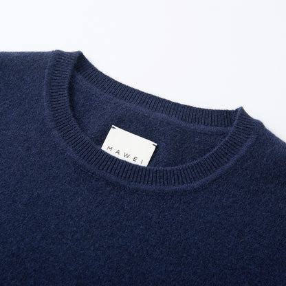 MA03 Cashmere Short Sleeve Crewneck Sweater by Mawei, navy blue, neck rib detail close-up.