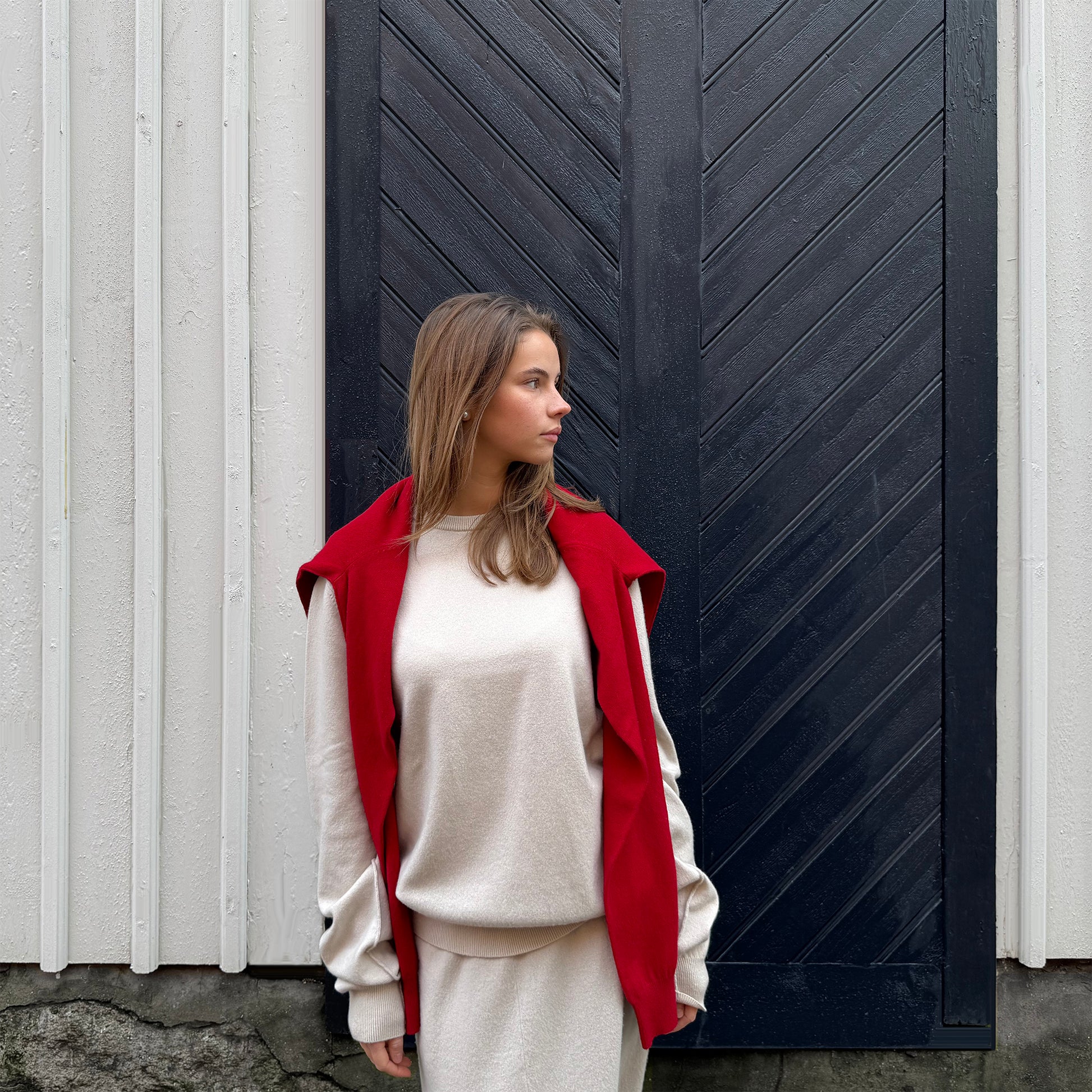 MA22 Cashmere Crewneck Sweater by Mawei, off white, red, front view, female model.