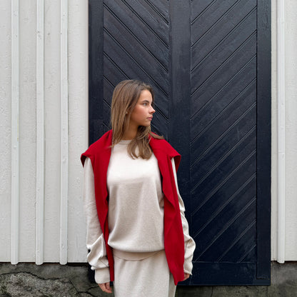 MA22 Cashmere Crewneck Sweater by Mawei, off white, red, front view, female model.