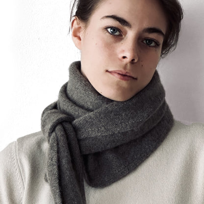 MA81 Cashmere Triangular Scarf by Mawei, grey brown, front view, female model.