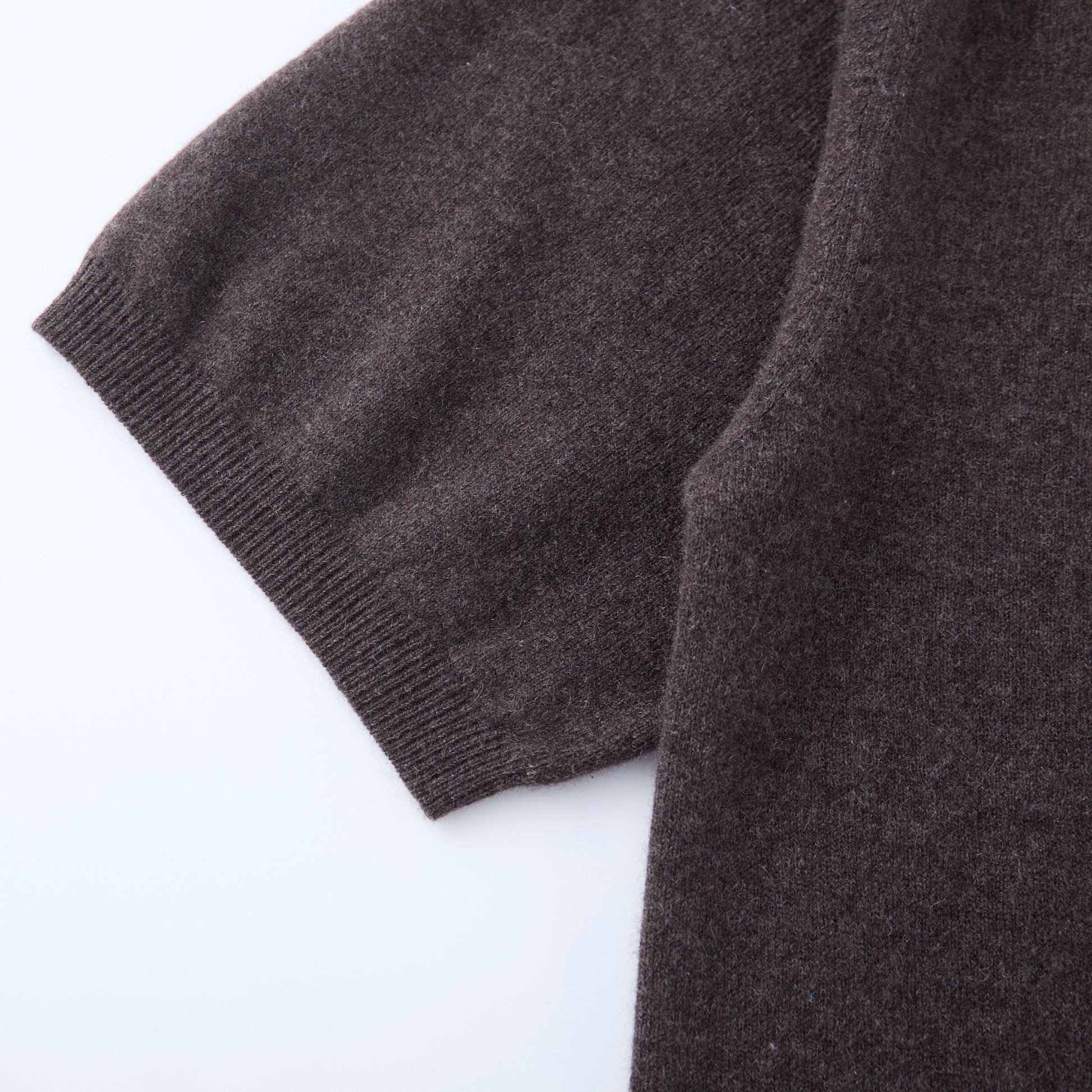 MA07 Cashmere Short Sleeve Crewneck Sweater by Mawei, brown, sleeve and cuff rid details
