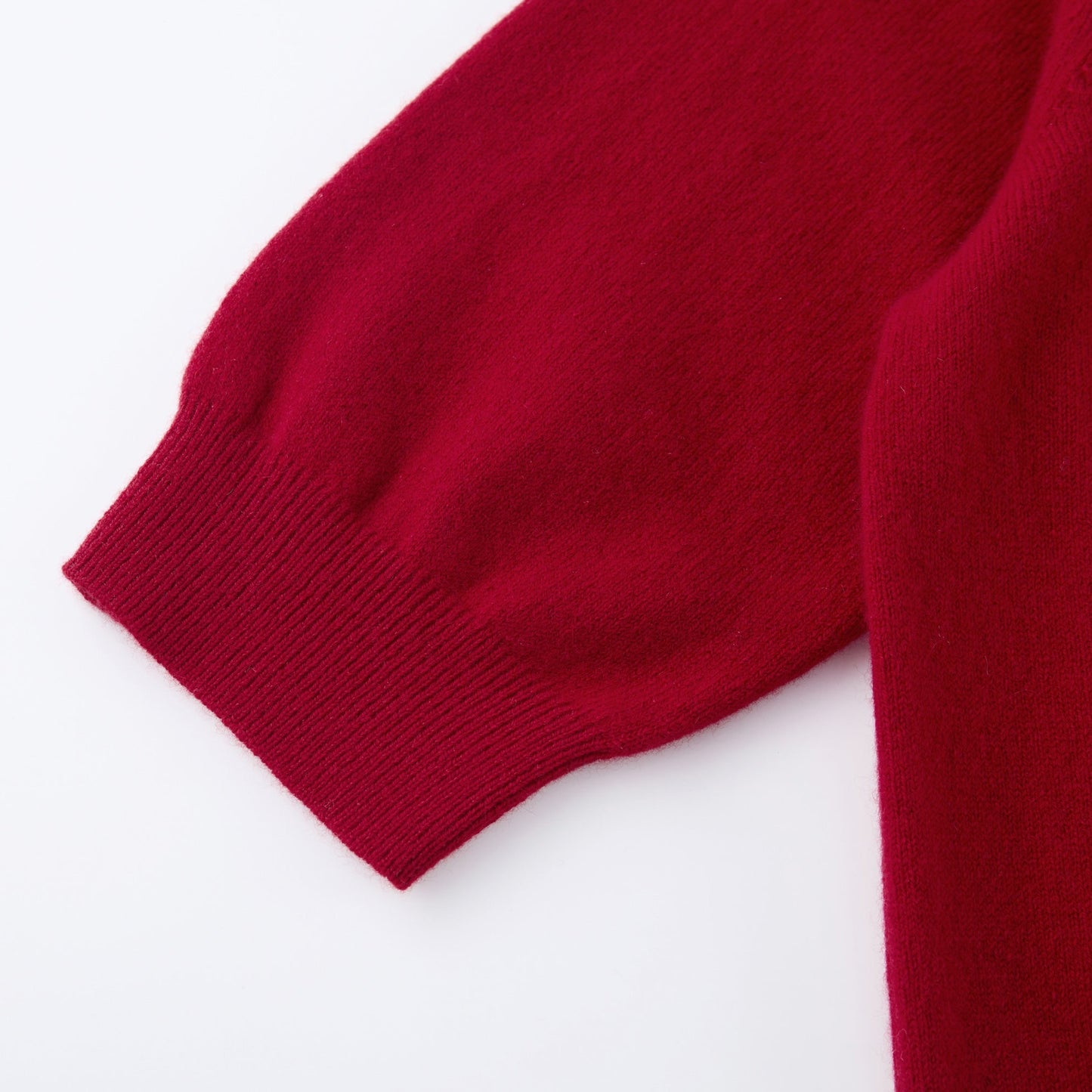 MA03 Cashmere Short Sleeve Crewneck Sweater by Mawei, red,  sleeve and cuff rib detail close-up.