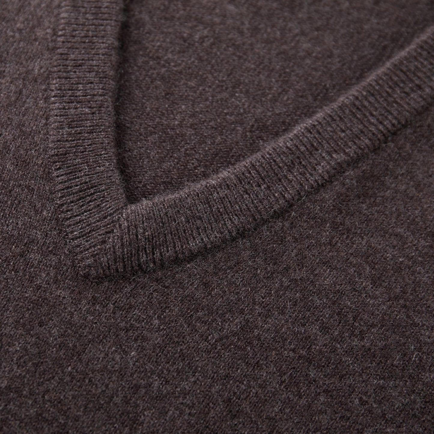 MA08 Oversized Cashmere  V-neck  Sweater by Mawei, brown, neck rib details close up.