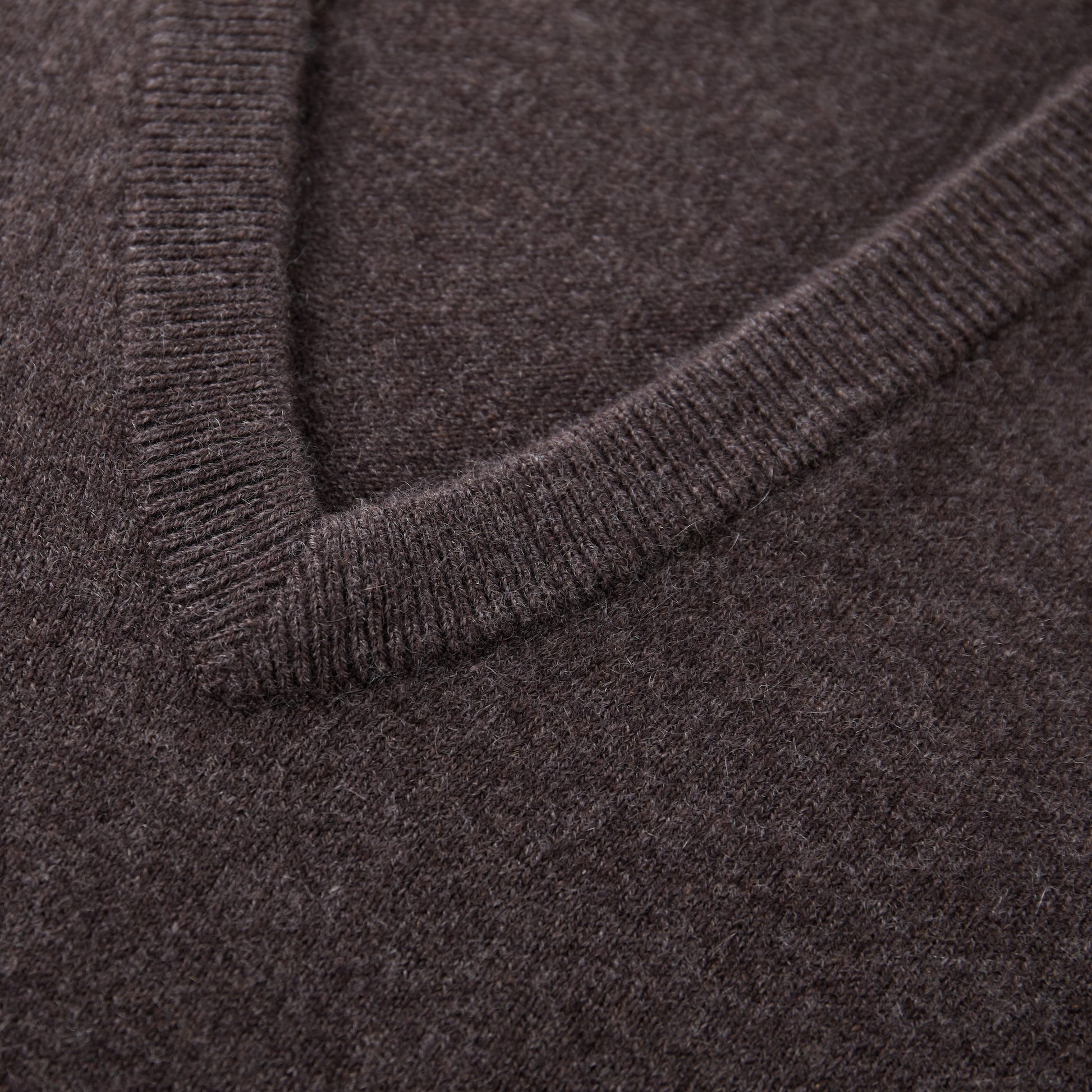 MA08 Oversized Cashmere  V-neck  Sweater by Mawei, brown, neck rib details close up.