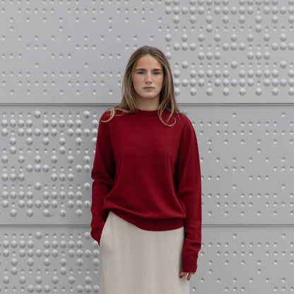 MA22 Cashmere Crewneck Sweater by Mawei, red, front view, female model.