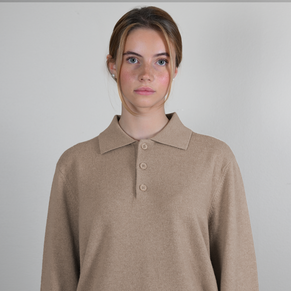 MA25 Cashmere Polo Sweater by Mawei, beige camel, front view, female model.