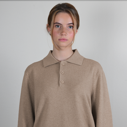 MA25 Cashmere Polo Sweater by Mawei, beige camel, front view, female model.